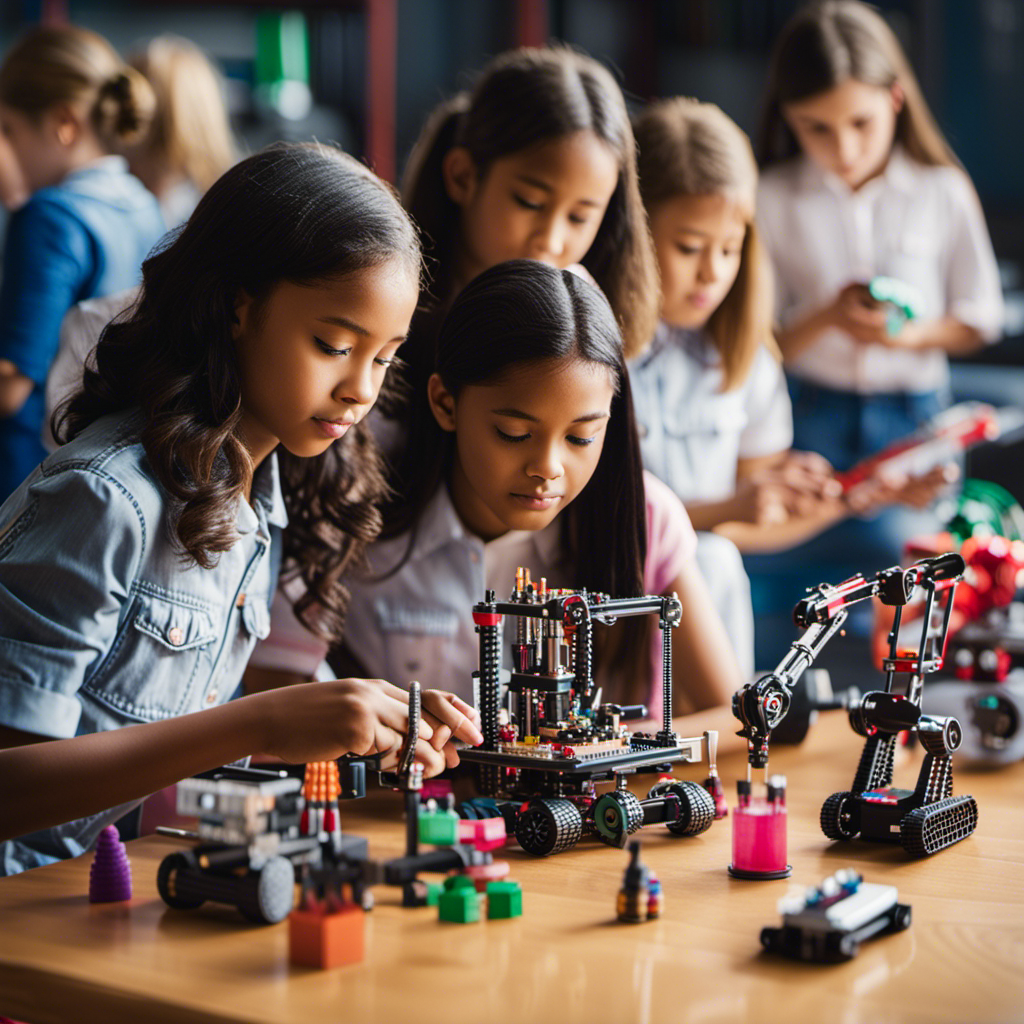 An image showcasing a diverse group of 10-year-old girls engrossed in hands-on STEM toys, such as a robotic kit, chemistry set, and engineering building blocks, fostering their curiosity and passion for science, technology, engineering, and math