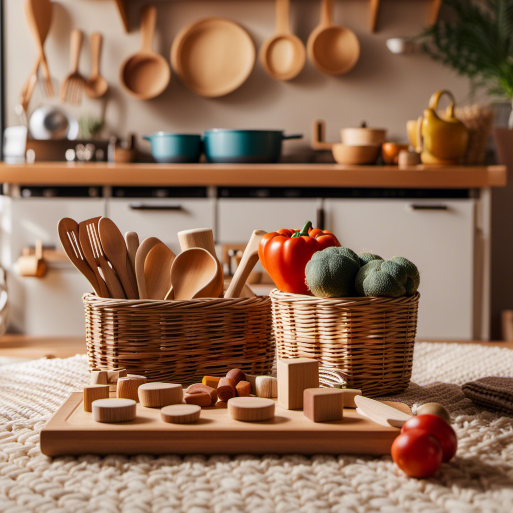 An image showcasing a wooden play kitchen set with handcrafted utensils, a felted vegetable basket, and a collection of natural wooden blocks, all arranged on a cozy woven rug in a sunlit room