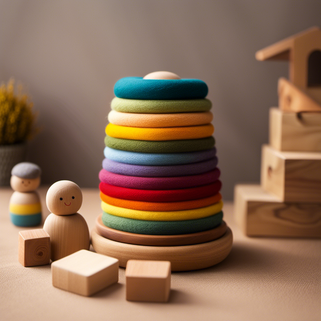 An image showcasing a wooden rainbow stacker, a handcrafted felt doll, and a set of natural wooden blocks arranged on a soft, earth-toned surface