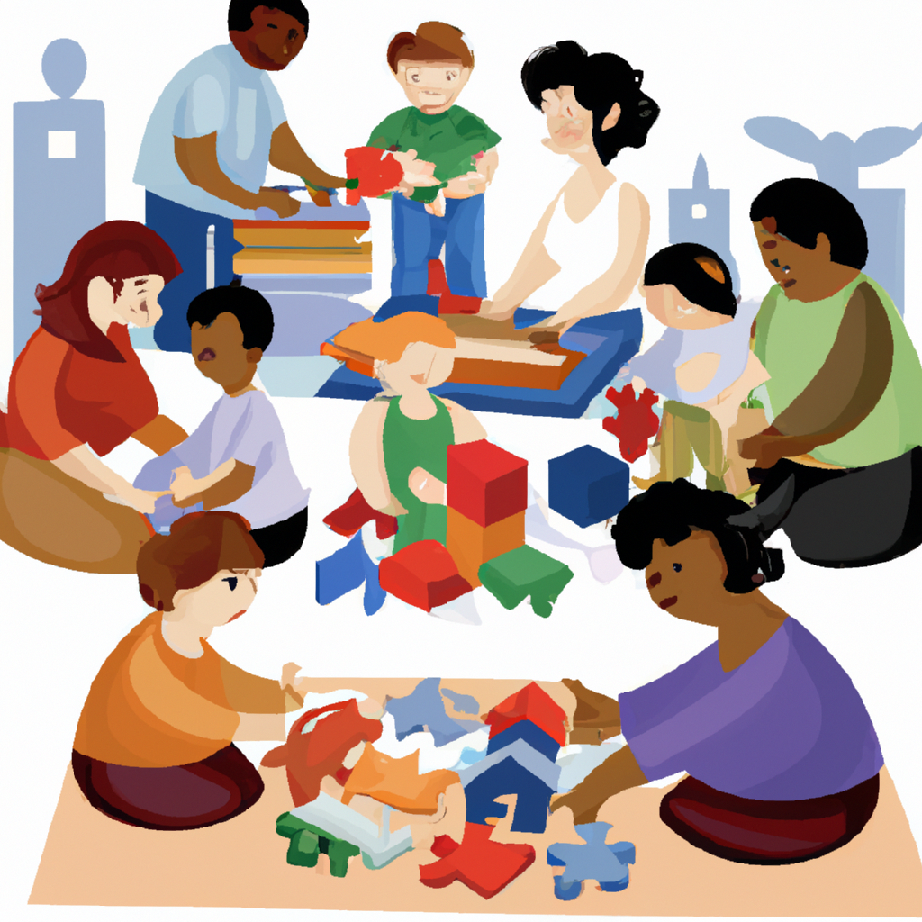 An image showing a diverse group of children engaged in various activities like painting, playing with blocks, and reading books, surrounded by child development professionals guiding and observing them