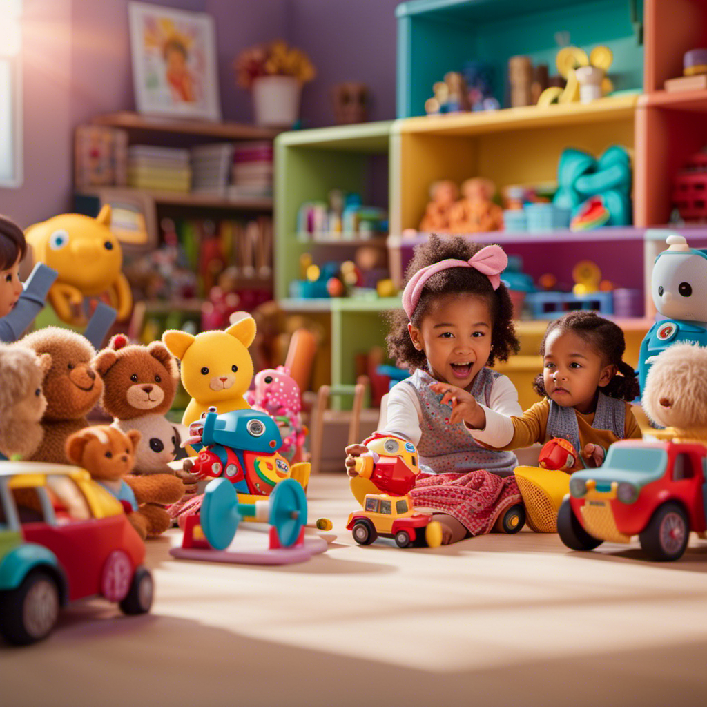 An image that captures the essence of preschool talking toys, showcasing a colorful playroom filled with a variety of interactive dolls, animals, and robots, emitting cheerful sounds and phrases, inviting children's curiosity and joy