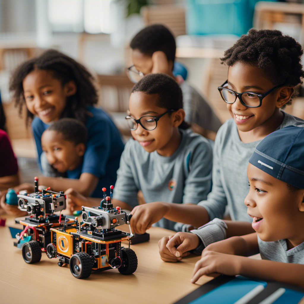 An image showcasing a diverse group of children engaged in hands-on activities with STEM toys, exploring robotics, coding, and problem-solving