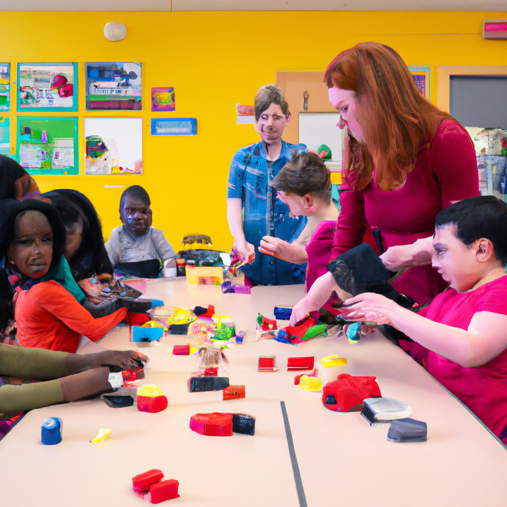 An image depicting a diverse group of high school students engaged in hands-on activities like role-playing, building blocks, and observing child behavior, while their teacher guides them in a vibrant child development class