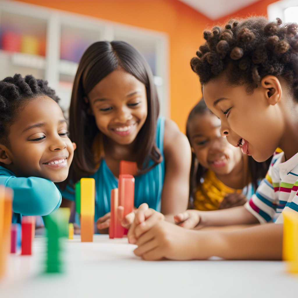 An image showcasing a diverse group of young children engaged in various stimulating activities in a bright and colorful classroom, with teachers guiding them through hands-on learning experiences that promote social, emotional, cognitive, and physical development