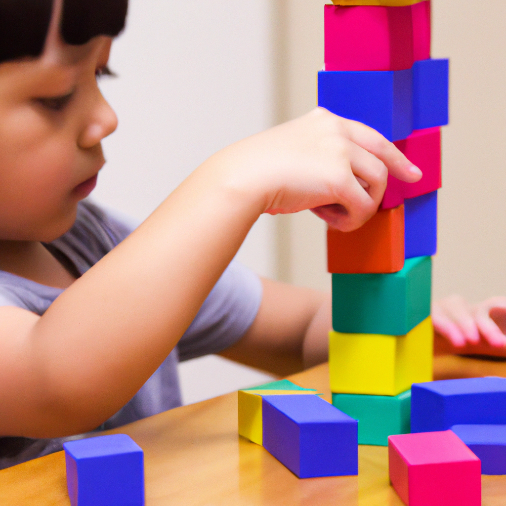 An image featuring a child engrossed in building a towering structure with colorful building blocks, showcasing their fine motor skills, creativity, problem-solving abilities, and spatial awareness