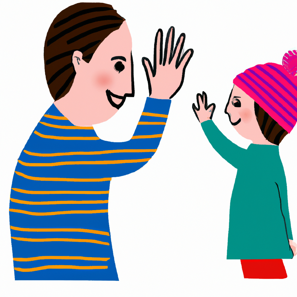 An image showcasing a parent and child engaged in a warm, joyful greeting with a double high-five and a big smile, capturing the essence of Dap in child development