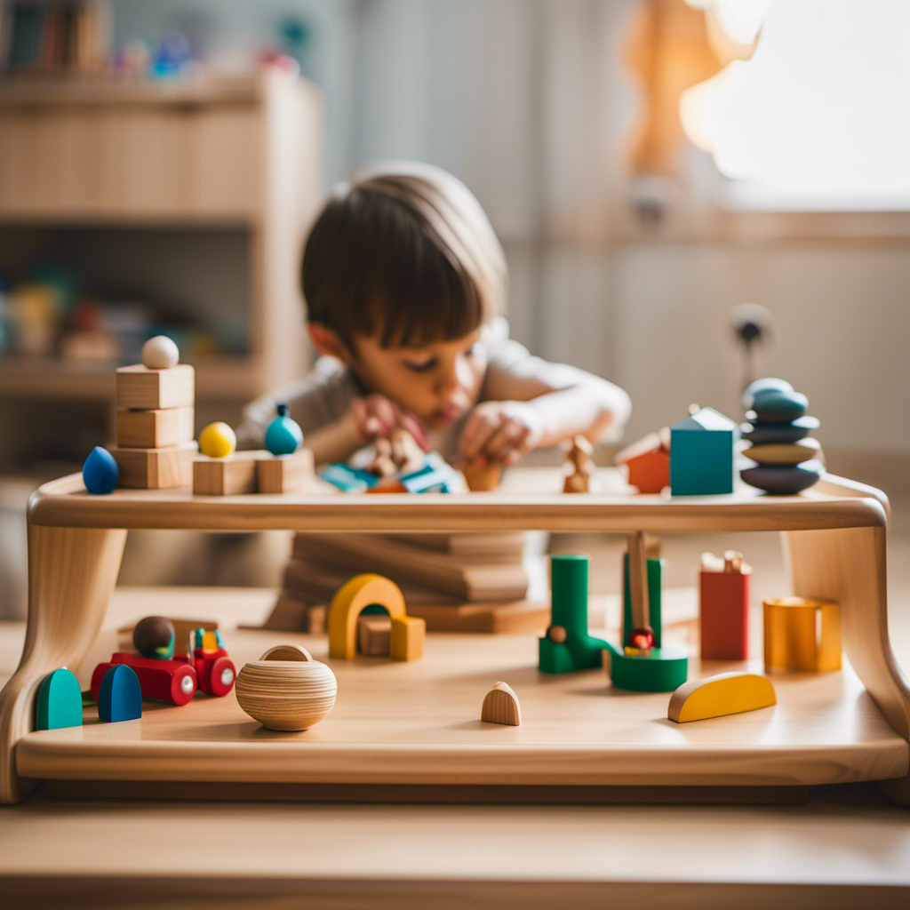 An image showcasing a serene Montessori-inspired playroom with natural wooden shelves filled with beautifully crafted toys, including sensory materials, puzzles, and practical life activities, all inviting exploration, curiosity, and independent learning