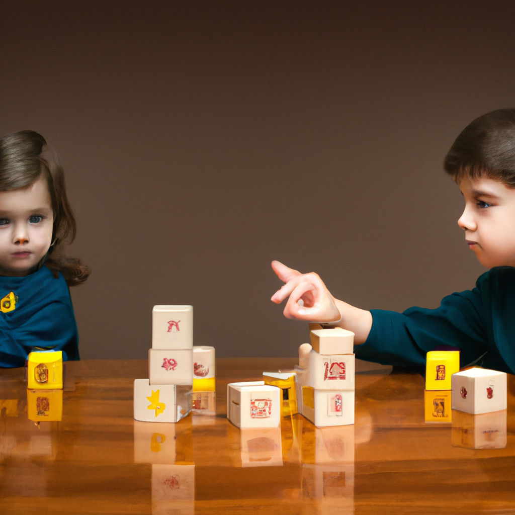 An image depicting a child constructing a tower of blocks, while another child observes and imitates the process