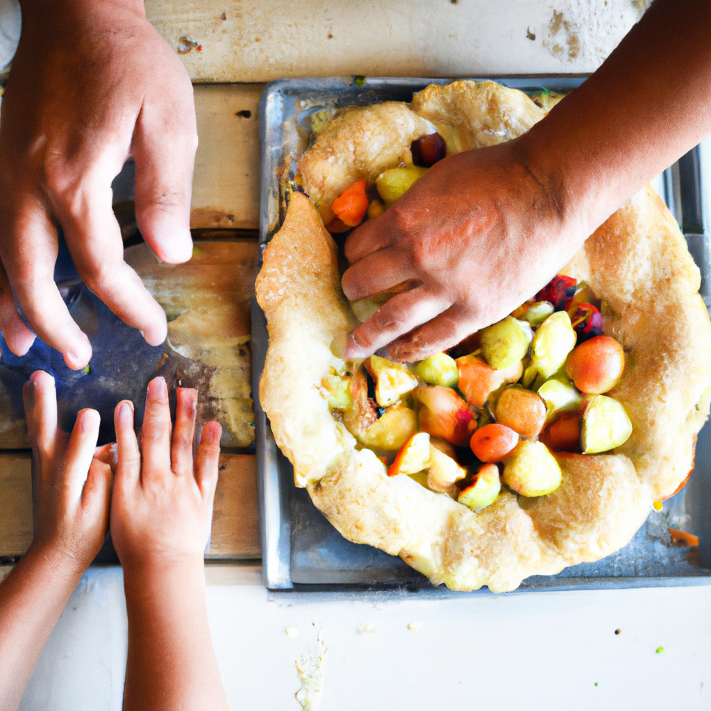 An image showcasing a child joyfully baking pies with a caring adult, their hands covered in flour, pie crusts rolled out, and a colorful array of fresh fruits ready to be filled