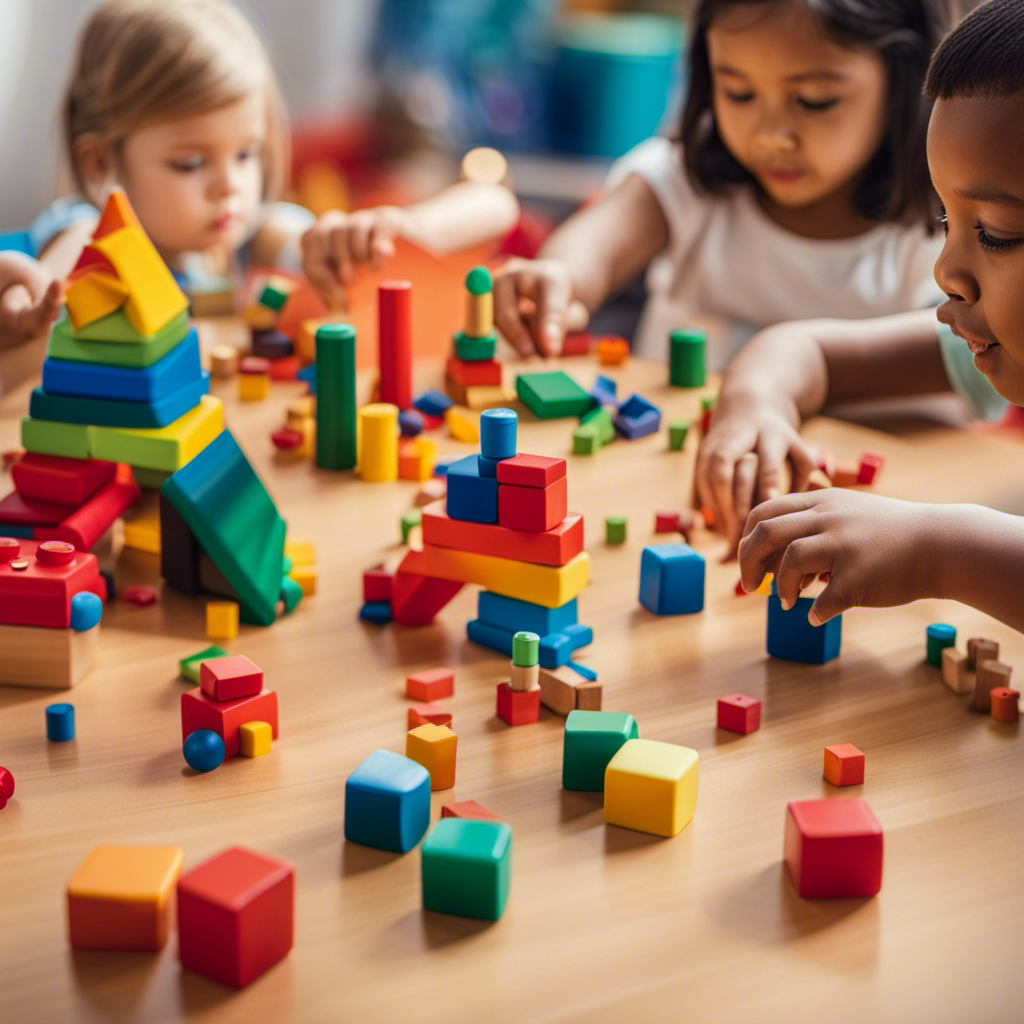 An image of a diverse group of preschoolers sitting around a table, engrossed in sorting and counting colorful blocks, stacking wooden shapes, and playing with patterned beads, showcasing the cognitive, fine motor, and problem-solving skills they develop through table toys