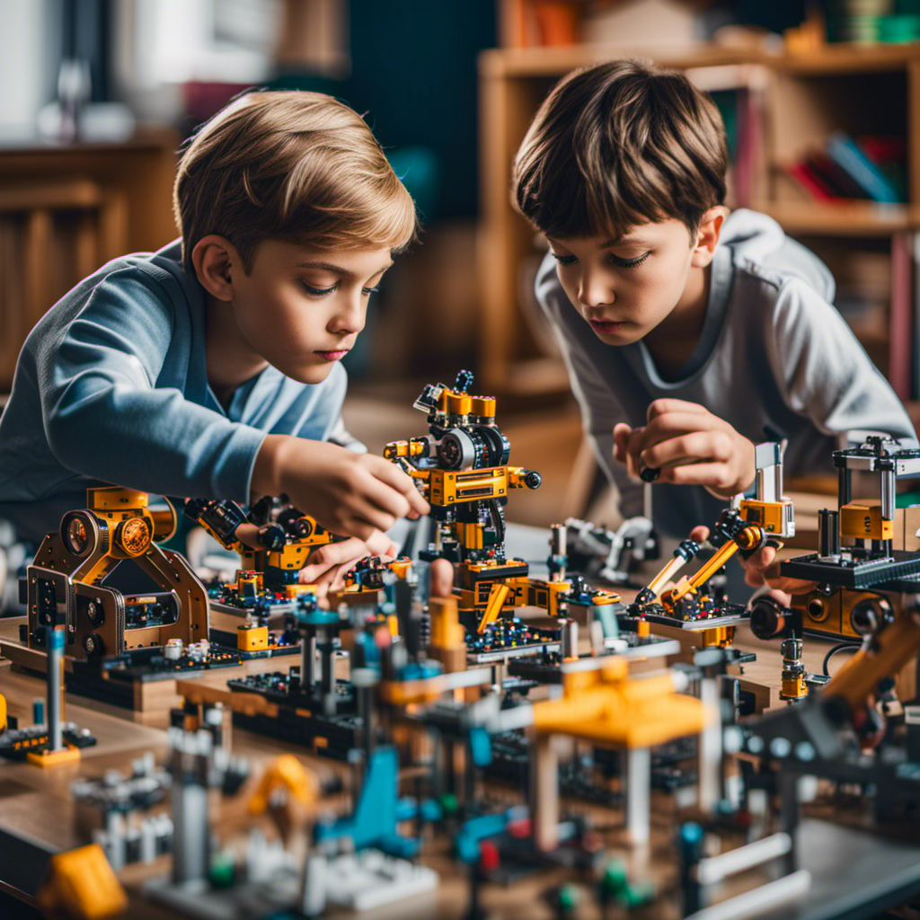 An image featuring children engrossed in building and experimenting with STEM toys, surrounded by a diverse array of robotic kits, engineering sets, microscopes, and mathematical puzzles