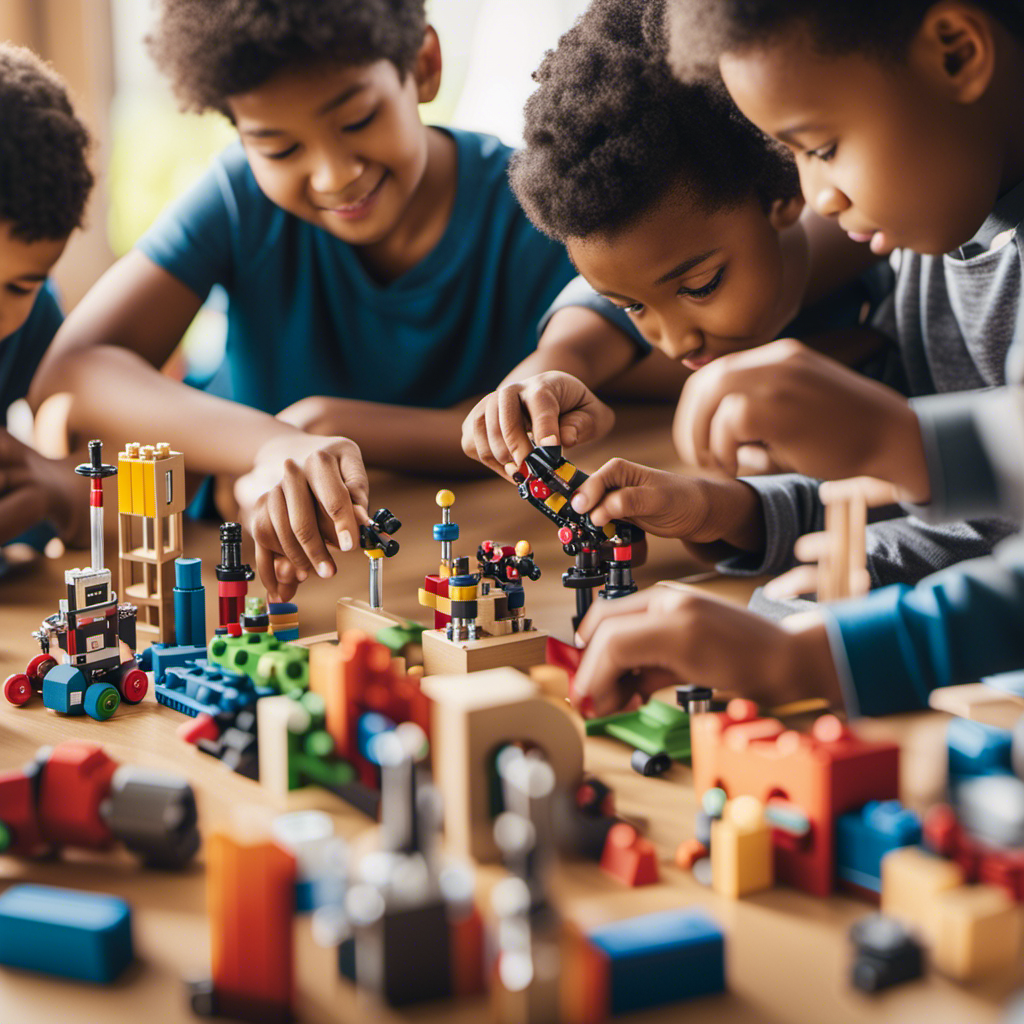 Create an image showcasing a diverse group of children enthusiastically engaged in hands-on activities with building blocks, coding robots, test tubes, and microscopes, capturing the essence of STEM toys and their educational value