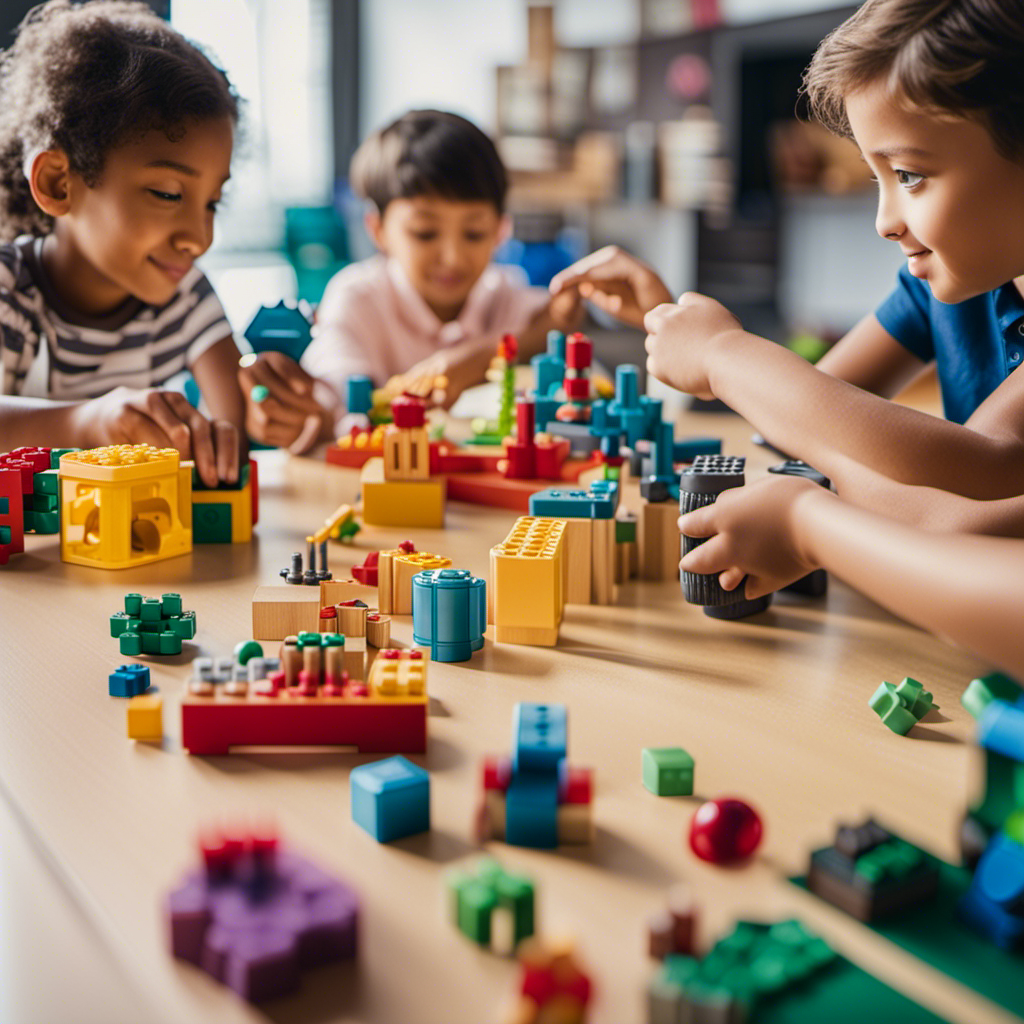 An image showcasing a diverse group of children engaged in hands-on activities with educational toys, such as building blocks, robotics kits, and chemistry sets, highlighting the essence of STEM toys