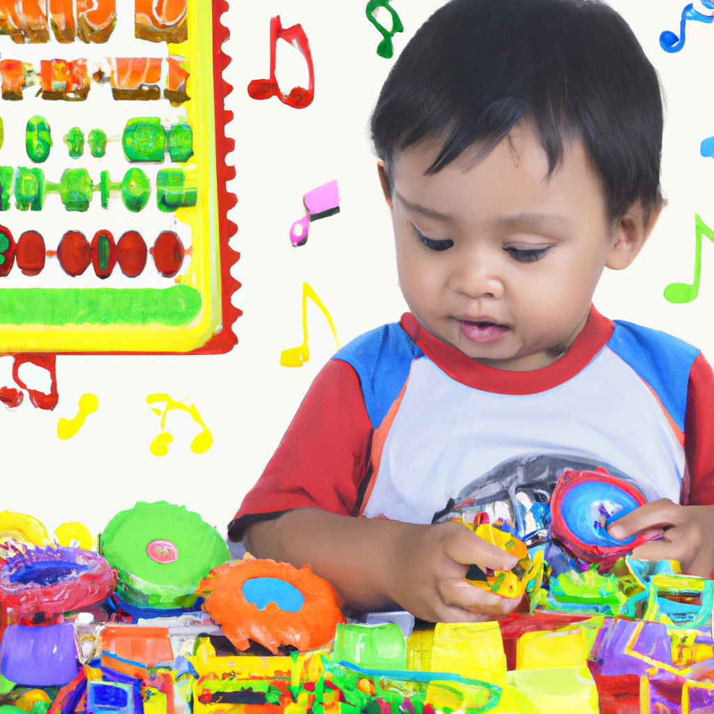 An image showcasing a child interacting with various objects of different shapes, sizes, and colors, while their eyes focus, adjust, and analyze the details, representing the concept of accommodation in child development