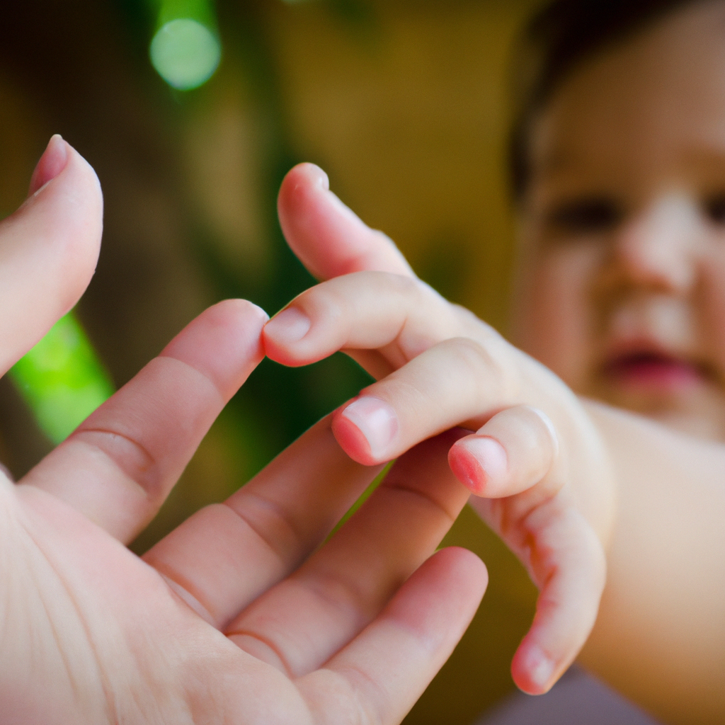 An image of a toddler reaching out with tiny hands to grasp their caregiver's finger, their eyes filled with trust and curiosity