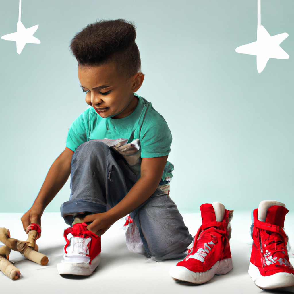 An image of a young child confidently tying their shoelaces, standing tall with a beaming smile, surrounded by toys left untouched