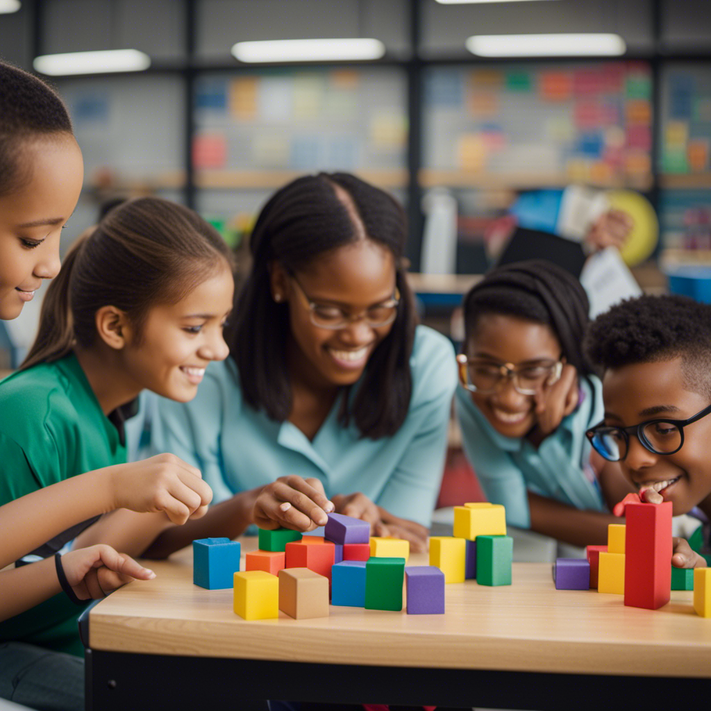 An image that showcases a high school classroom buzzing with energy, where students engage in hands-on activities like building blocks, exploring colorful charts, and bonding with their peers, all under the guidance of a passionate teacher