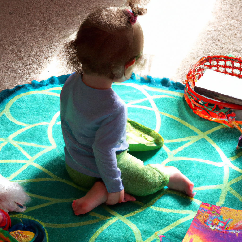 An image showcasing a young child sitting cross-legged on a colorful rug, surrounded by various toys and books