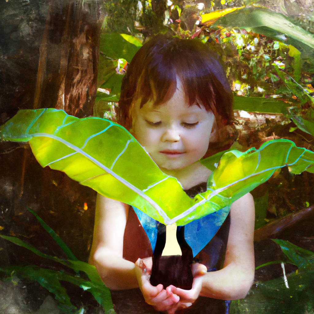 An image showcasing a child tenderly cradling a fragile sapling in their hands, their eyes filled with wonder