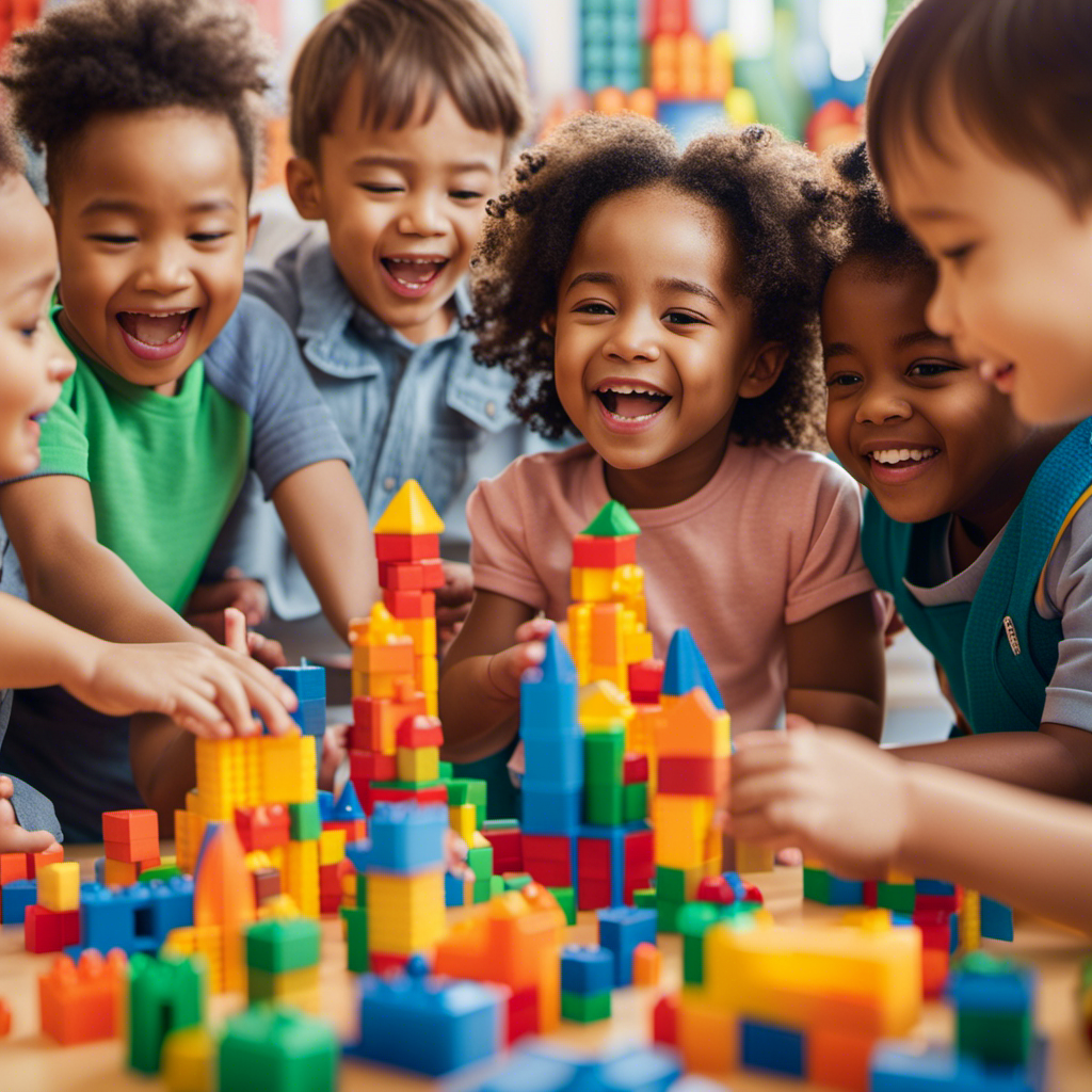 An image showcasing a group of preschoolers engrossed in building towering structures with plastic blocks, enthusiastically collaborating, their faces beaming with joy and excitement, surrounded by a colorful array of construction toys