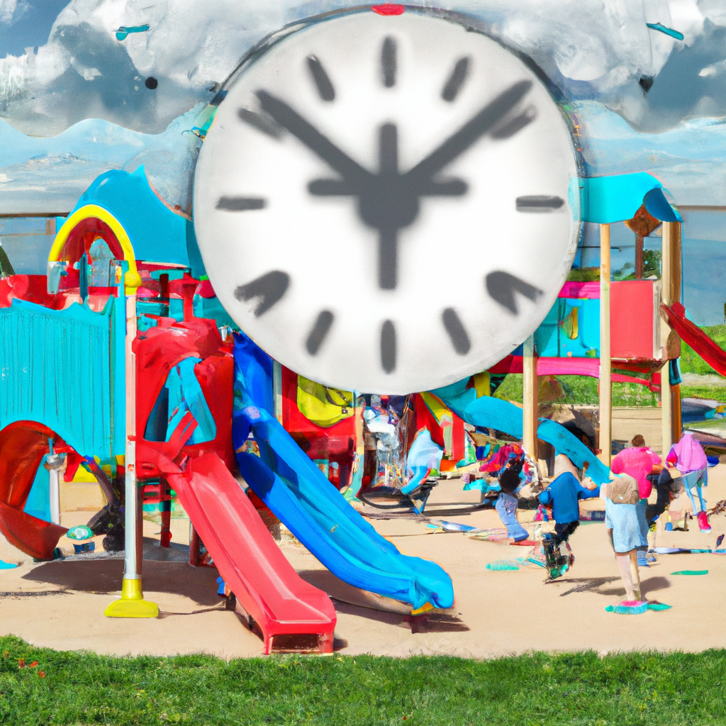 An image showcasing a vibrant playground with children of various ages engaging in different activities, while a clock in the background symbolizes the passing of time and highlights the concept of the critical period in child development