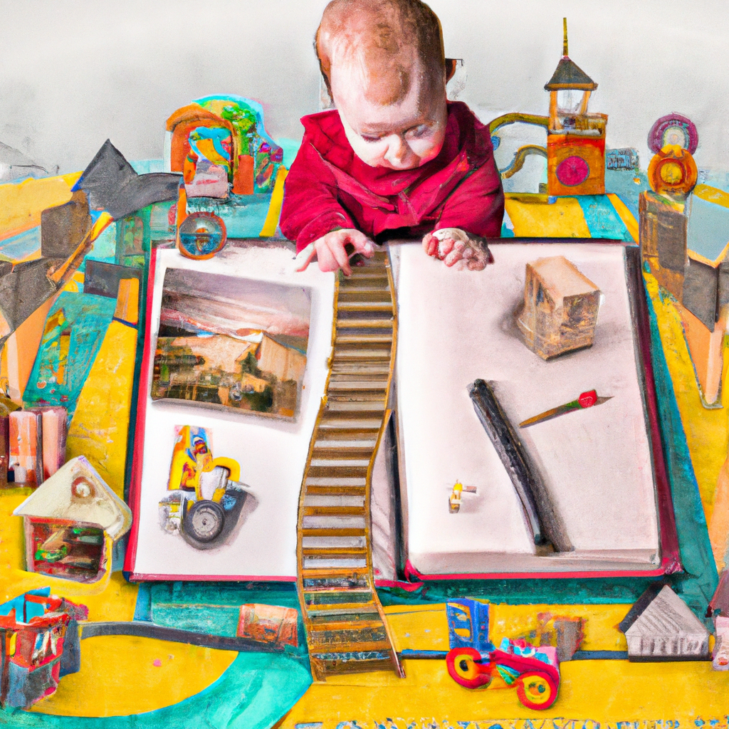 An image showcasing a whimsical scene with a child engrossed in various activities, surrounded by colorful toys, books, and puzzles, symbolizing the diverse and stimulating experiences crucial for early child development