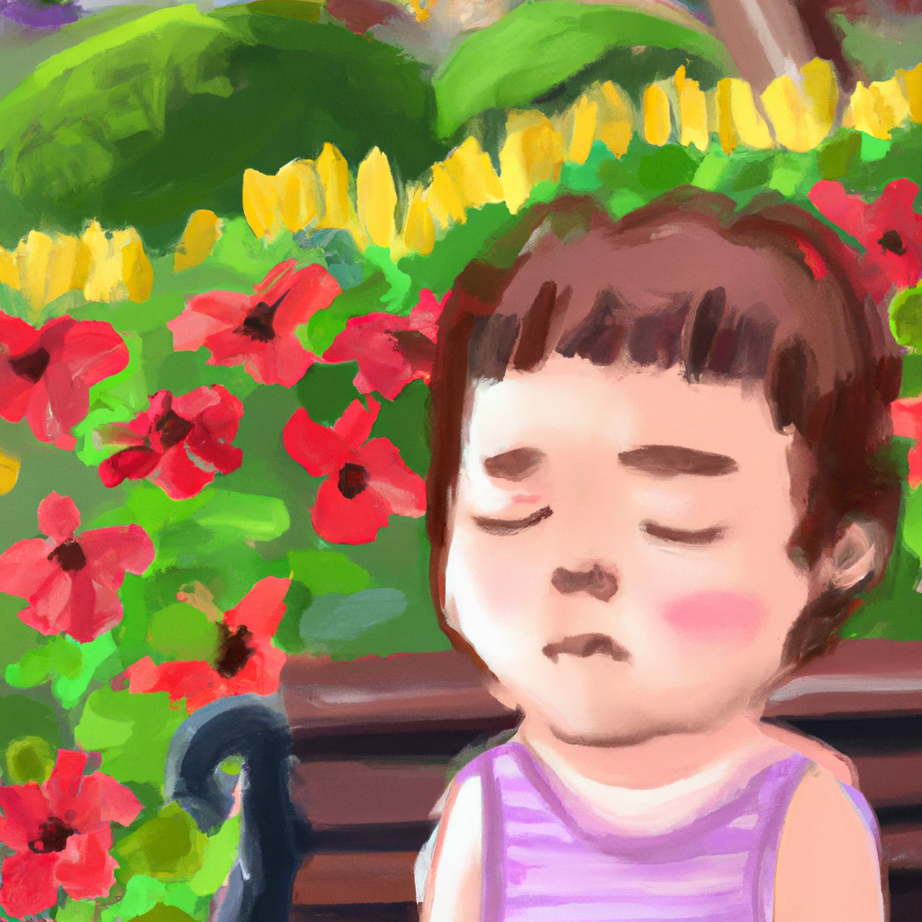 An image capturing a child peacefully sitting alone on a park bench, visibly calm with closed eyes and relaxed posture, while surrounded by a vibrant garden full of colorful flowers and a gentle breeze