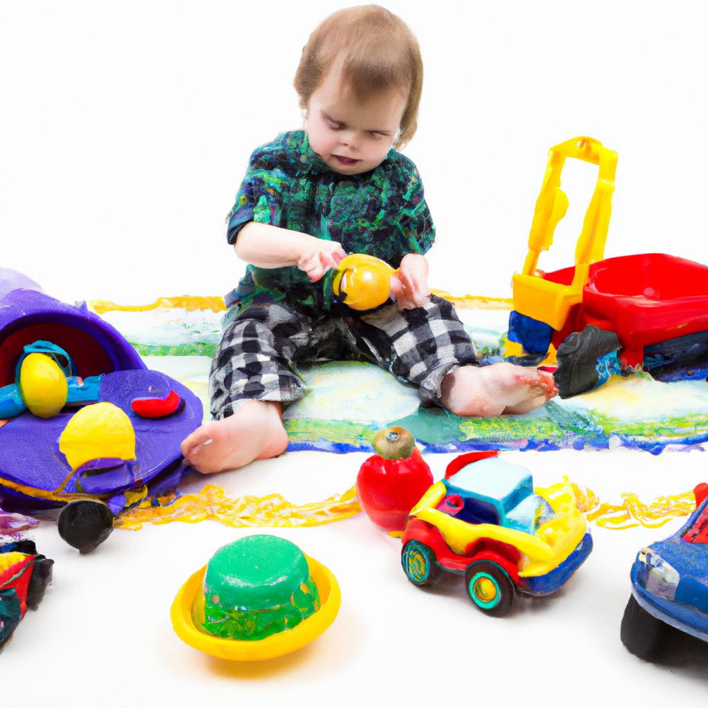 An image depicting a child surrounded by various toys, gradually losing interest as they repetitively engage with one toy