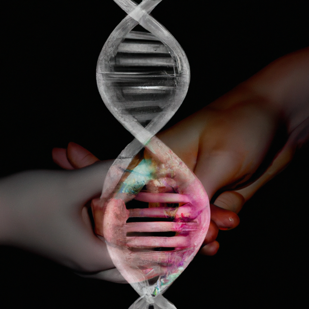 An image showcasing a child holding hands with their parents, while a DNA helix gently intertwines with their fingers