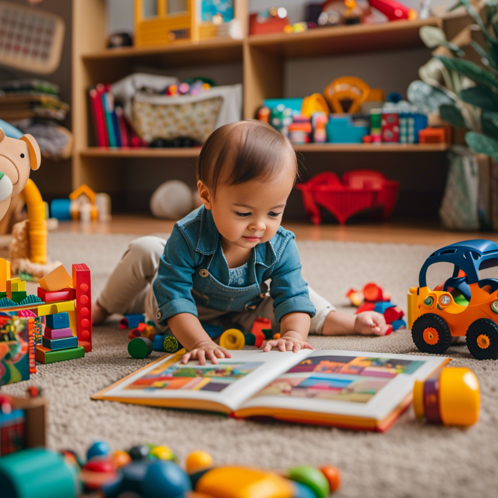 An image showing a toddler sitting on the floor, surrounded by toys, while making eye contact with an adult who is crouching down at their level, both pointing at a colorful picture book together