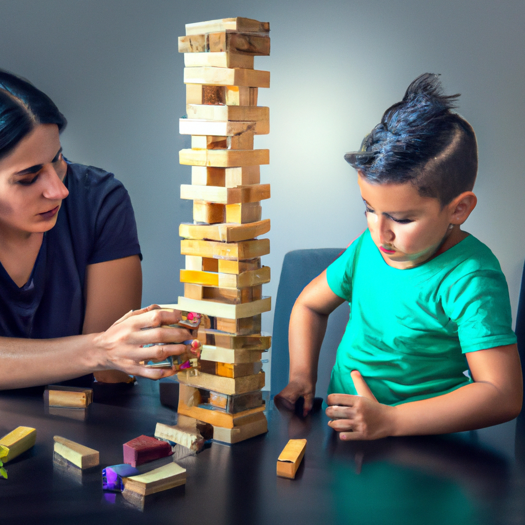 An image showcasing a child, engrossed in building a tower with blocks, while their parent sits beside them, mirroring their actions and providing guidance and encouragement, symbolizing the concept of modeling in child development