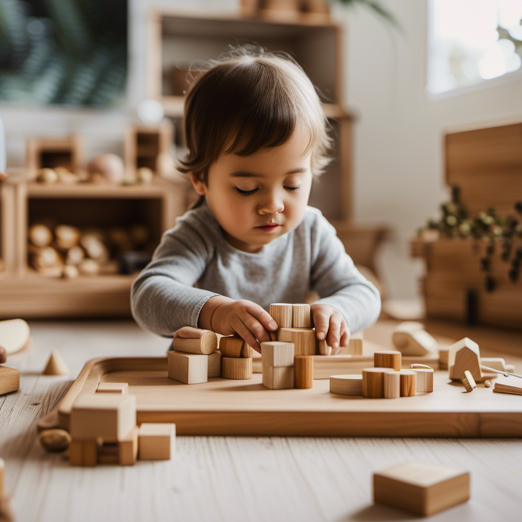 An image showcasing a serene Montessori-inspired playroom, filled with natural materials like wooden blocks, puzzles, and sensory bins