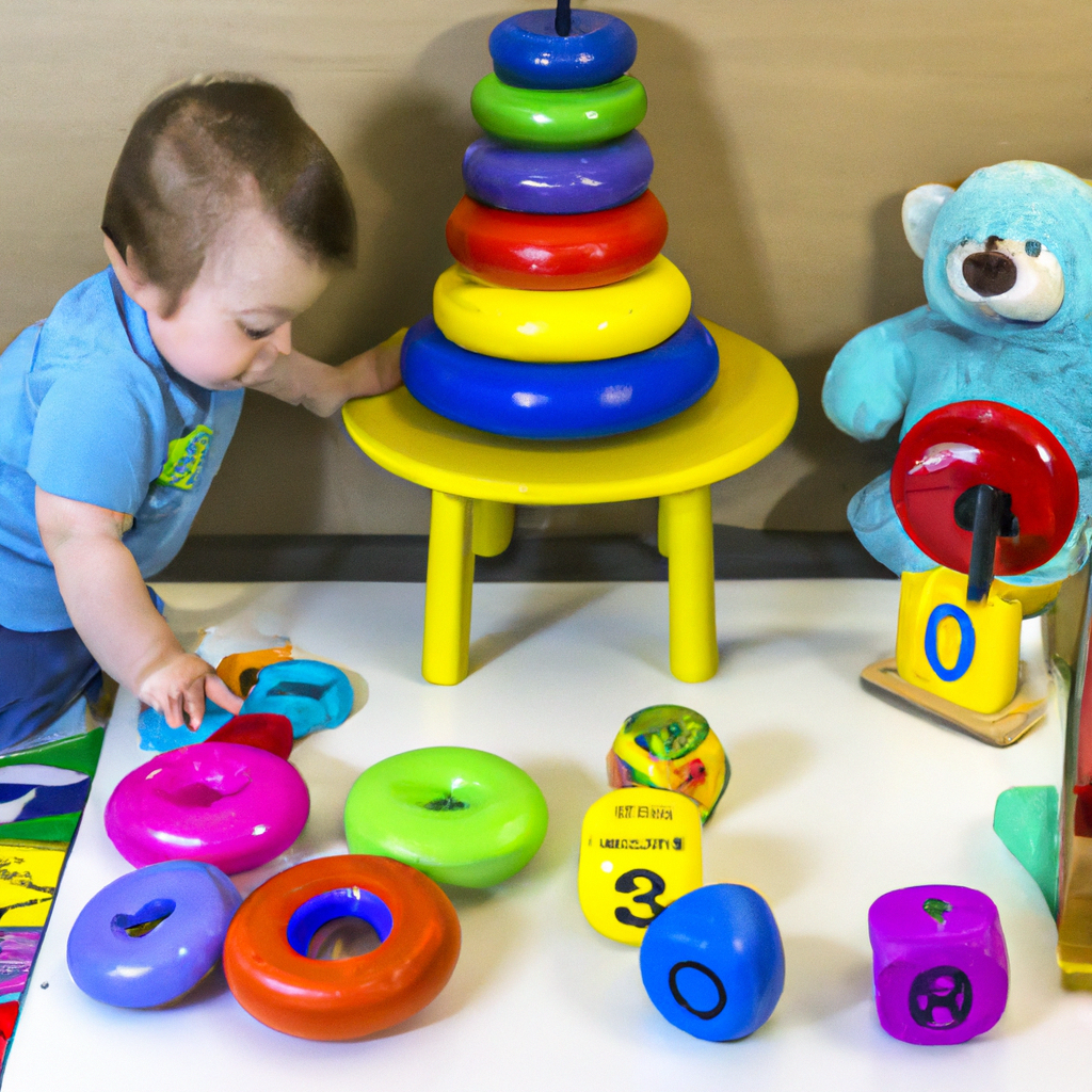 An image showcasing a young child engaged in play, surrounded by various toys and objects, representing Piaget's stages of cognitive development, from sensorimotor exploration to symbolic play and abstract thinking