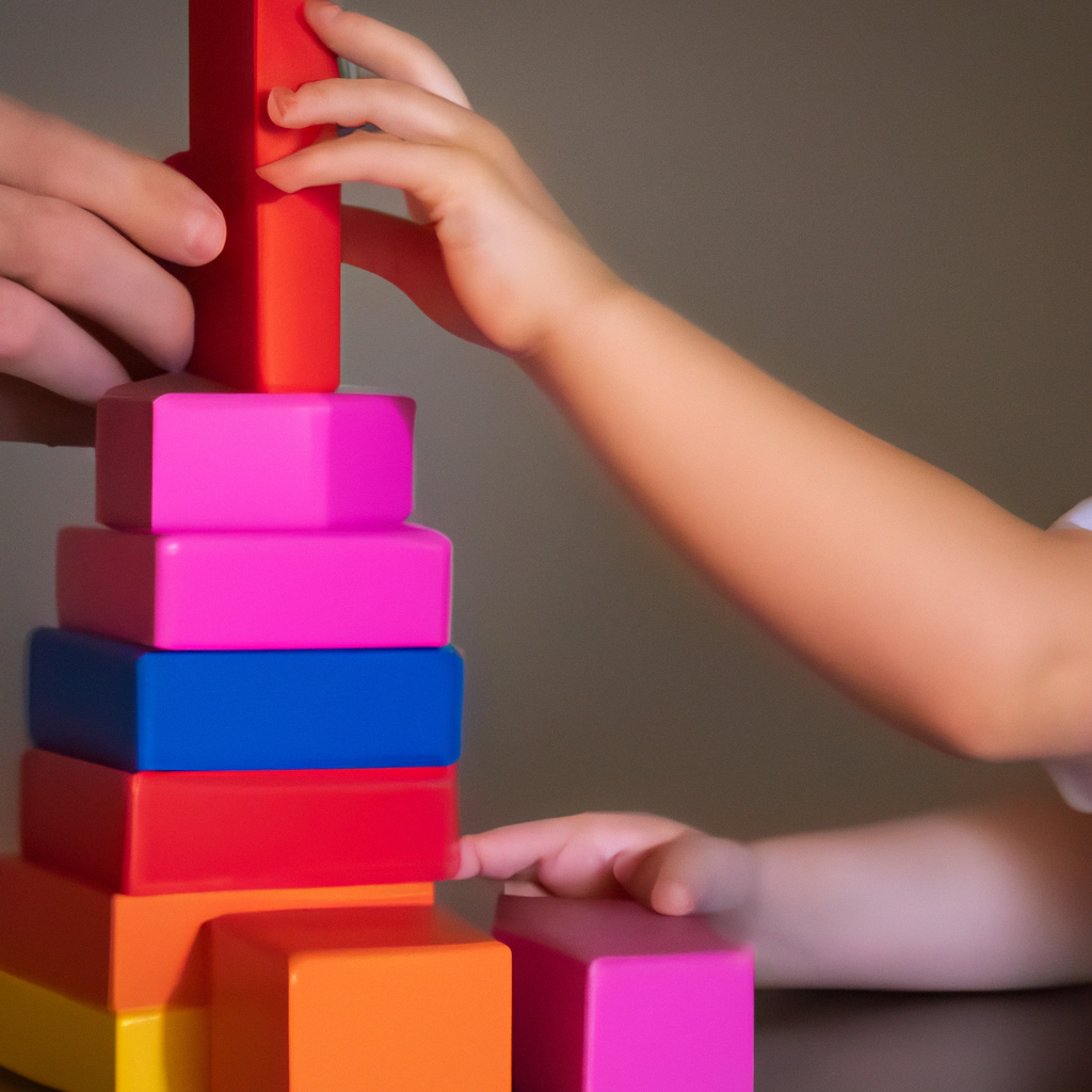An image depicting a caring adult gently guiding a child's hand as they construct a complex tower of colorful blocks