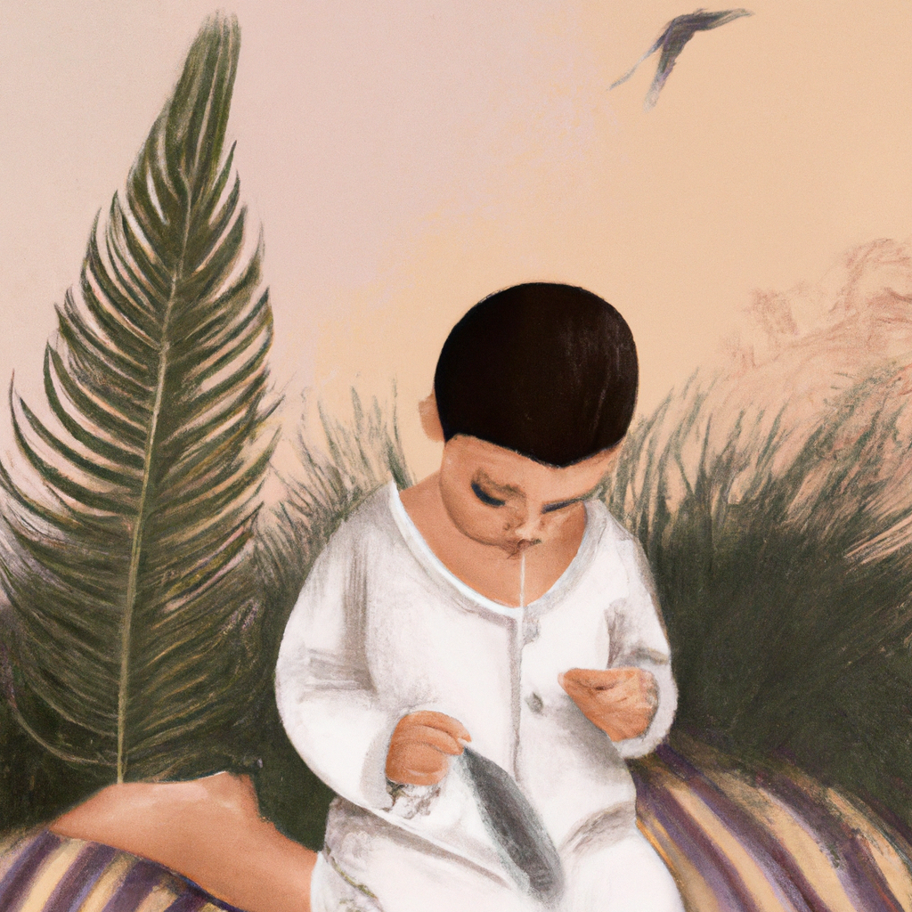 An image depicting a child sitting cross-legged, eyes closed, deep in concentration, while gently holding a feather in one hand, surrounded by a serene environment with soft colors and natural elements