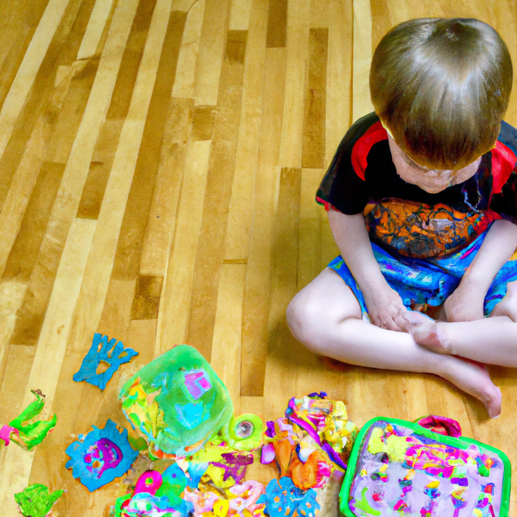 An image showcasing a child sitting cross-legged, peacefully engrossed in a puzzle, surrounded by scattered toys
