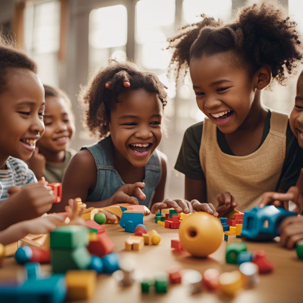 An image showcasing a group of children engaged in cooperative play, laughing and sharing toys, while displaying varied facial expressions and gestures that depict empathy, communication, and social skills development