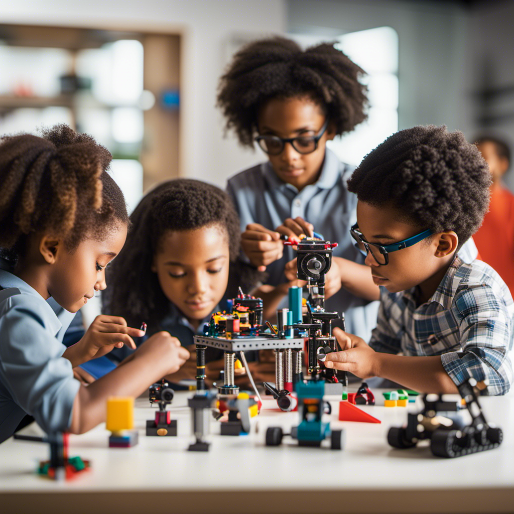 An image showcasing a diverse group of children engaged in hands-on experiments and building projects, surrounded by various STEM toys such as robotic kits, microscopes, coding tools, and construction sets