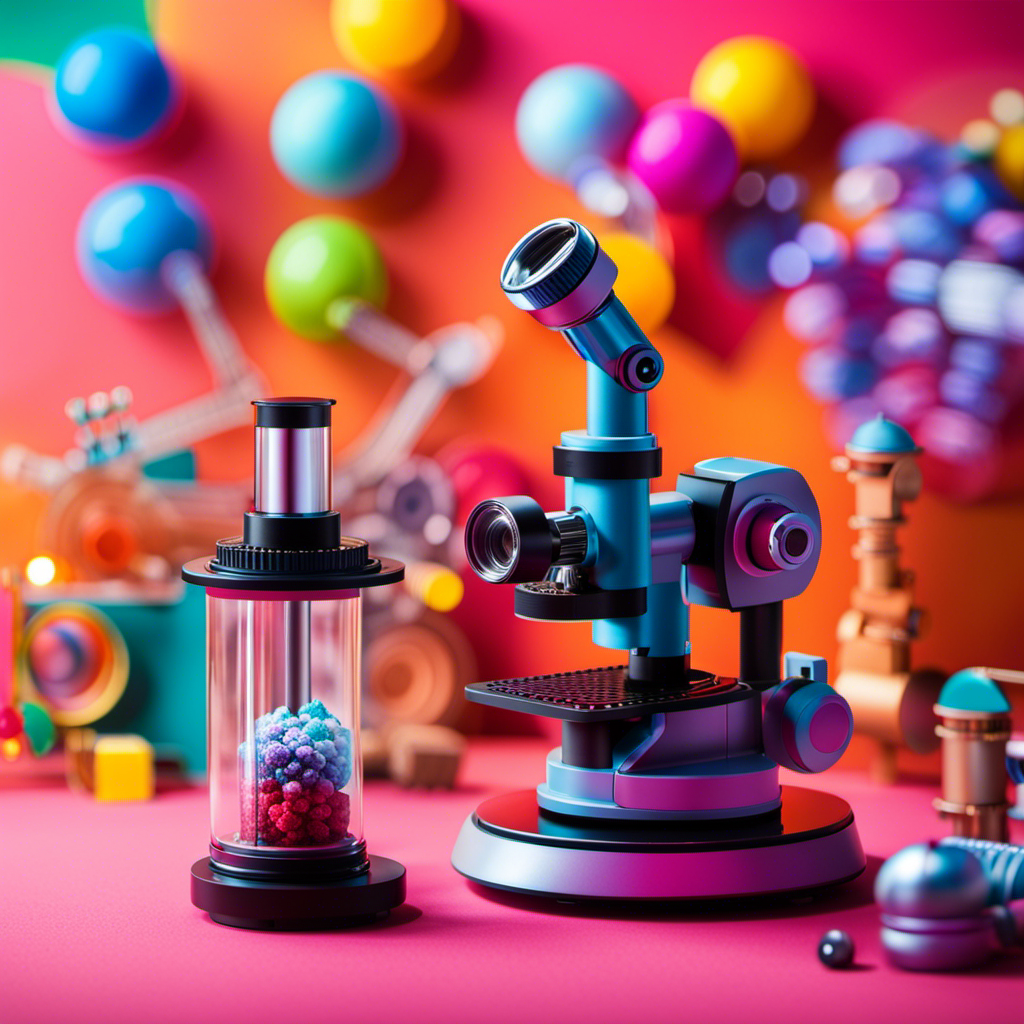 An image showcasing an array of colorful, interactive STEM toys such as a robotic arm, a microscope, a coding kit, and a mini wind turbine, all arranged on a vibrant background