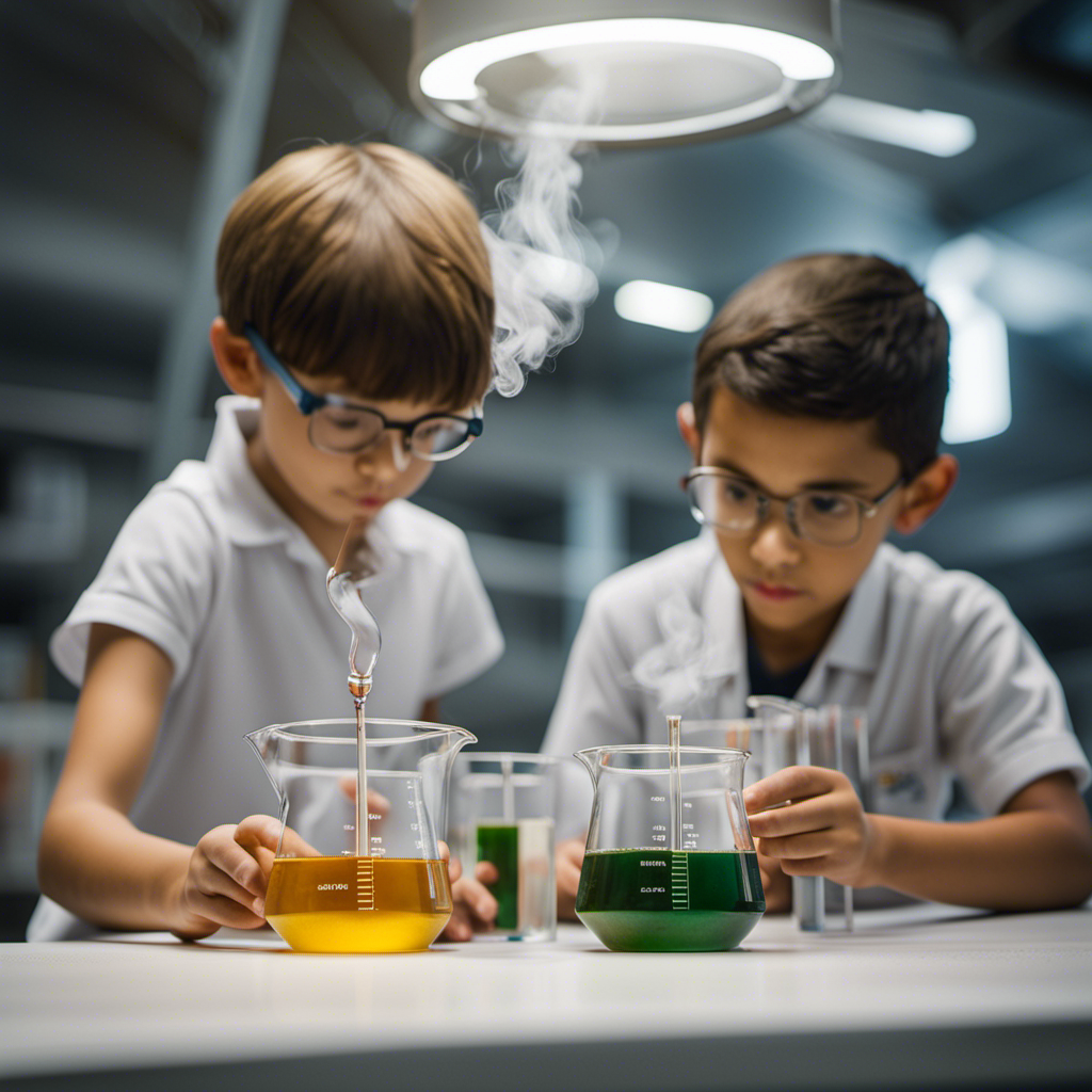 An image of two children engaged in a hands-on science experiment, meticulously measuring and pouring liquids into beakers, showcasing their ability to think logically, understand conservation, and manipulate concrete objects in the concrete operational stage