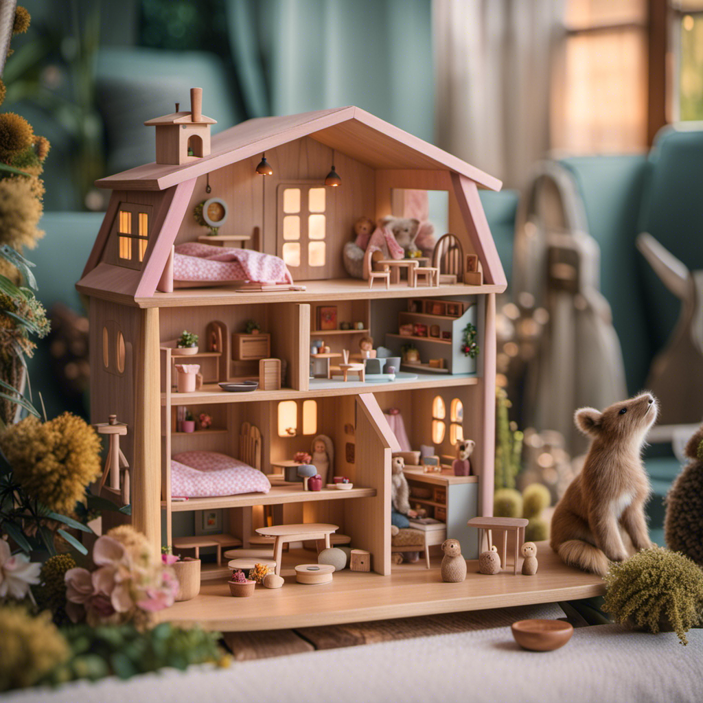 An image showcasing a whimsical wooden dollhouse nestled amidst a vibrant natural landscape
