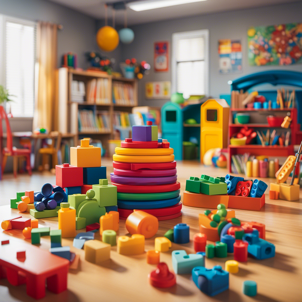 An image showcasing a colorful, well-organized preschool classroom, filled with diverse toys such as building blocks, stuffed animals, art supplies, puzzles, musical instruments, and dramatic play props