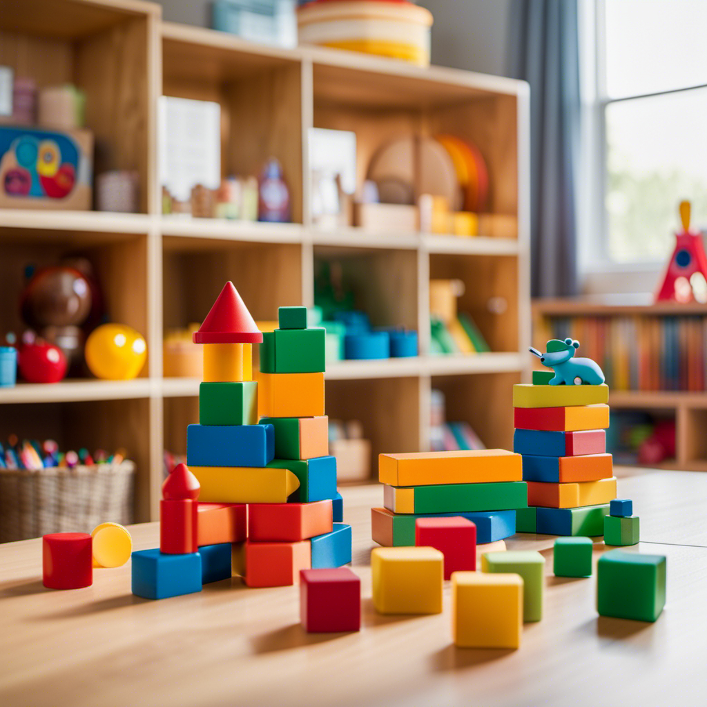 An image showcasing a vibrant preschool classroom, adorned with colorful blocks, interactive puzzles, imaginative play stations, plush animals, and engaging art supplies, capturing the essence of toys that should remain in this educational space