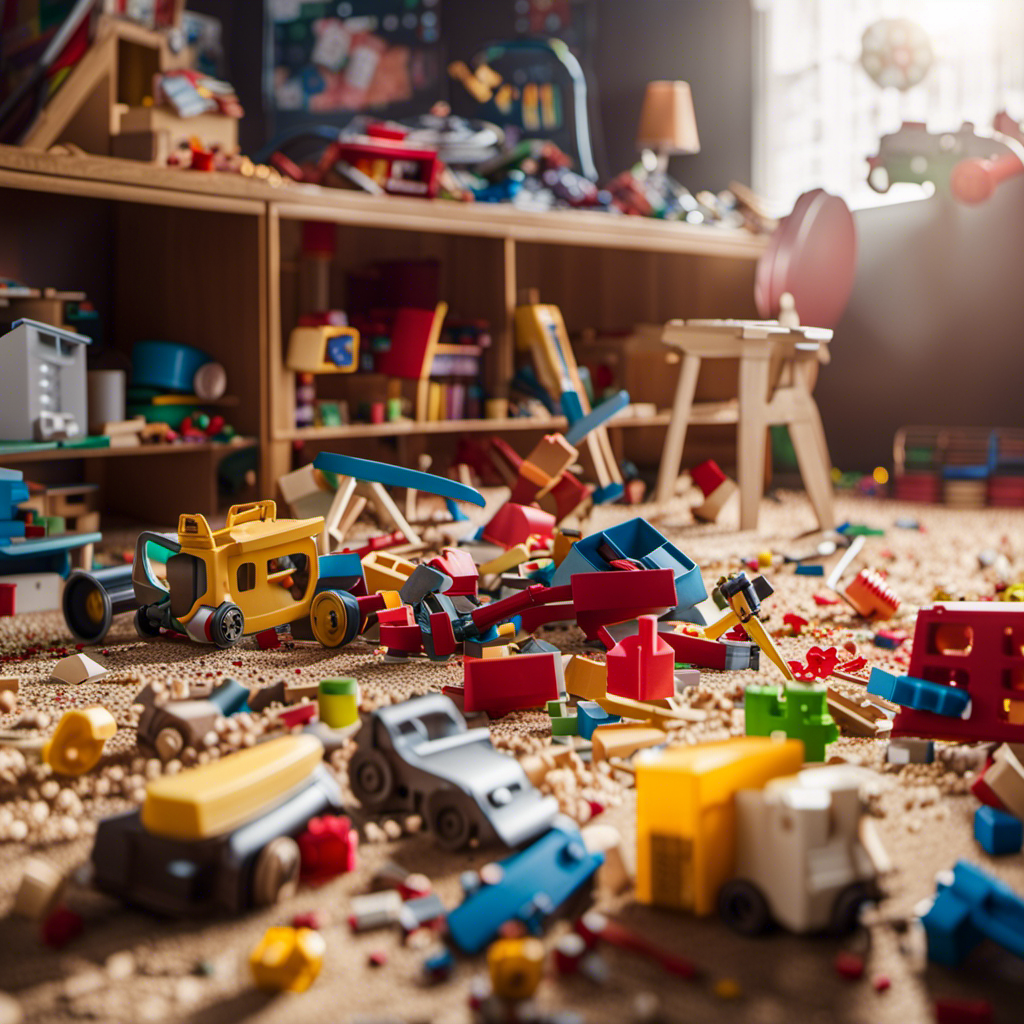 An image depicting a cluttered playroom with broken, small parts scattered on the floor, a toy with sharp edges, a choking hazard, and an unstable toy, highlighting the dangers of inappropriate toys for preschoolers