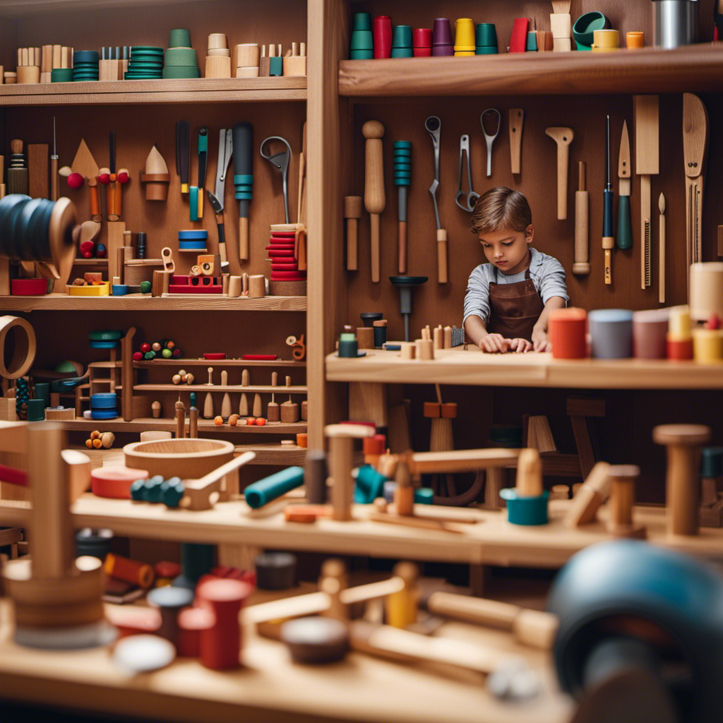 An image showcasing a bustling workshop filled with skilled artisans meticulously crafting Montessori toys