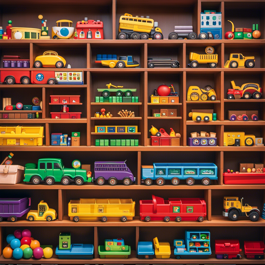 An image showcasing a well-organized and colorful store shelf, filled with a wide variety of Montessori toys