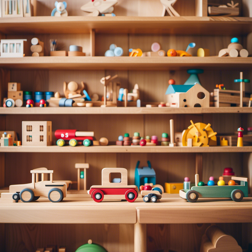 An image showcasing a charming, well-organized Montessori toy store, flooded with natural light