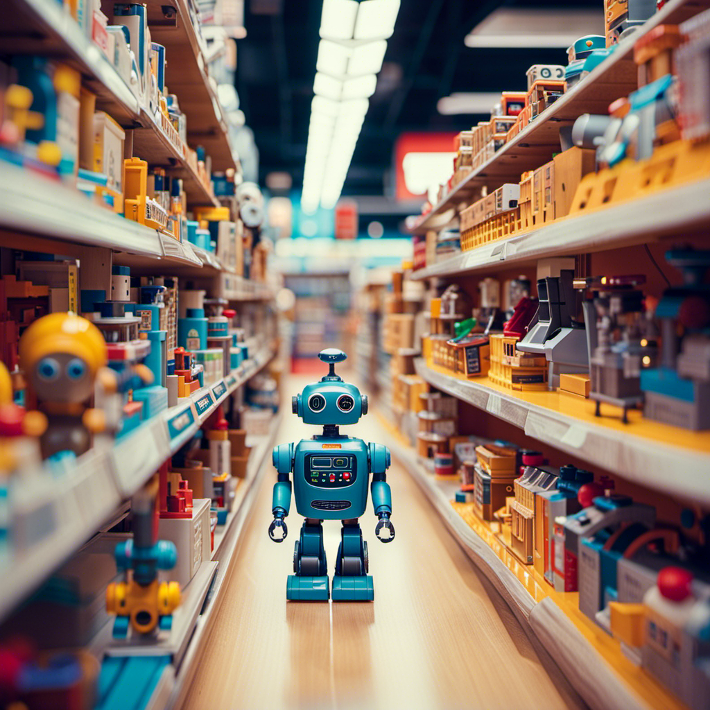An image showcasing a bustling toy store aisle, stacked with shelves brimming with an array of STEM toys