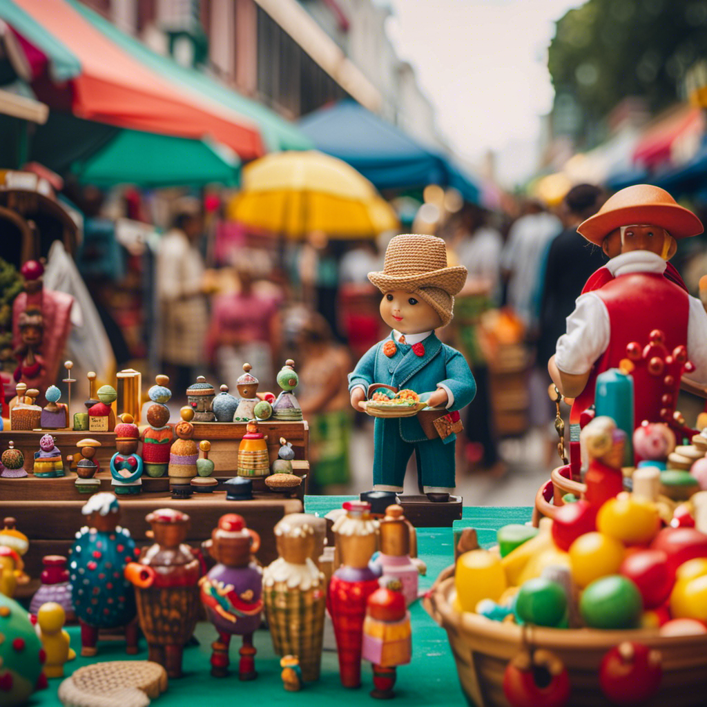 An image showcasing a vibrant street market scene in New Orleans, filled with colorful stalls adorned with handcrafted Waldorf toys