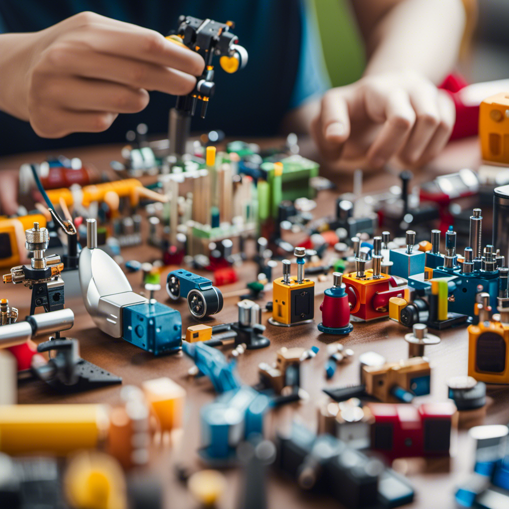 An image showcasing a diverse array of hands-on STEM toys sourced from various places: robotics kits from universities, microscopes from research institutes, and circuit boards from technology companies